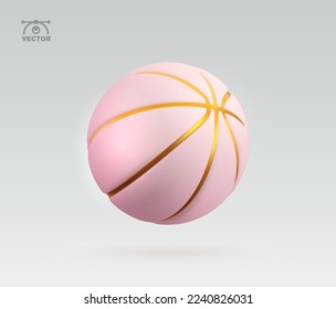 3d vector realistic pink and golden textured rubber basketball isolated design element on light background.