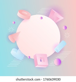 3d vector realistic primitives composition. Flying shapes in motion isolated on neon colored background with white template for text. Spheres, torus, tubes, cones in blue and pink colors