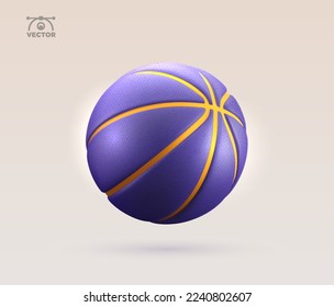 3d vector realistic purple and golden textured rubber basketball isolated design element on light background.