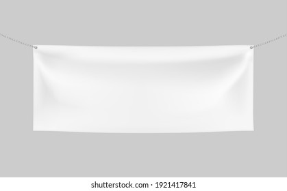 3d Vector realistic rectangular Horizontal Banner with 2 holes and ropes. Textile banner with folds. Blank Template for Design and Advertising. Awning, Poster, Textiles, PVC, Vinyl, Nylon ect. EPS 10.