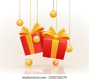 3D vector realistic red gift box with gold ball elements hanging by a rope. Gift box with golden ball and shadow isolated on white background. Suitable for advertising, Birthday and Christmas gifts
