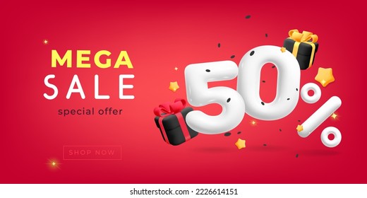 3d vector realistic render 50 percent off discount sale numbers with gift box with ribbon bow, stars and confetti design. Digital promotion, online shop ad concept.
