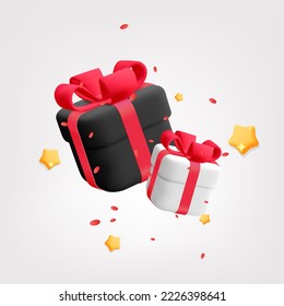 3d vector realistic render banner template design with black and white closed gift box with red  ribbon bow and holiday balloon and stars. Modern minimal holiday, celebration, anniversary, festive