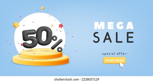 3d vector realistic render black 50 percent off discount sale numbers on yellow gold shiny podium stage on blue background template design. Digital promotion, online shop ad concept.