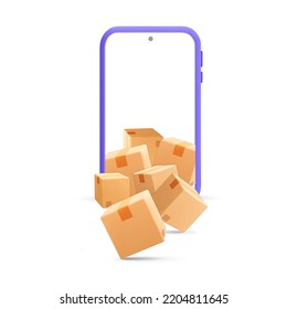 3d vector realistic render falling out paper cargo boxes from white smartphone screen mockup design. Delivery, online shopping, digital marketing and business concept. Isolated on white background.