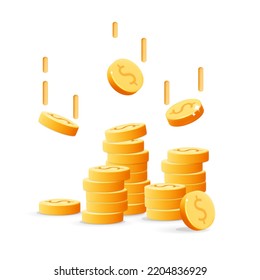 3d vector Realistic render falling down golden dollar coins and large pile of money design isolated on white background. Money stack, casino cash tower. Growth, Profit, jackpot, Income, Saving.