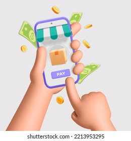 3d vector realistic render hands hold smartphone with store awning icon design. Finger push pay button. Online shopping, paying, buying, business financial, money transfers and banking concept. 