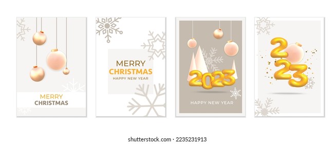 3d vector realistic render luxury modern Merry Christmas 2023 greeting holiday template card  collection. New Year's eve Festive winter composition with pine cone tree, flying snowflake. 