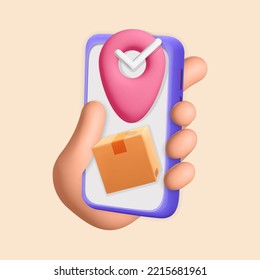 3d vector mano de hombre de representación realista sostiene el smartphone con el icono del paquete de paquete de paquete de paquete de paquete de pin y paquete de cartón. Compras en línea, servicio de entrega rápida en sitio web o aplicación móvil. Negocios inteligentes.