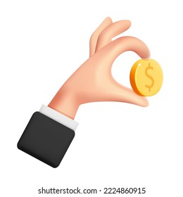 3d vector realistic render man hand dollar coin design illustration. Two finger holds gold money isolated on white background. Business, online payment,  investment, income, give save money concept. svg