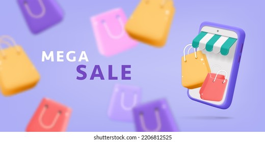 3d vector realistic render mega sale for online shopping banner design. Flying smartphone and gift paper bags fashion sale discount background. Online digital purchase, e-commerce promotion store