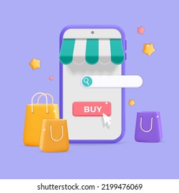 3d vector realistic render online store with smartphone on  Mobile Application icon design. Online shopping bags, search and buy in internet symbols. Buy button. Digital marketing and business.