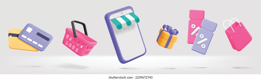 3d vector realistic render online shopping symbols floating in line design promotion element. Smartphone with awning, gift with ribbon, discount coupon percentage sign, cart, basket, credit card, bag