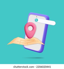 3d vector realistic render phone with search bar, location pin and city map sign banner.  Purchase, free shipping, online tracking and ordering service with mobile app on phone concept design.
