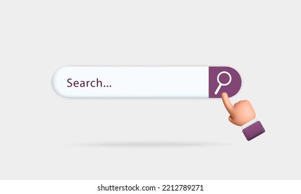 3d vector realistic render search bar for website mockup  concept. Navigation search for browser in internet with pointing, clicking hand ui design.