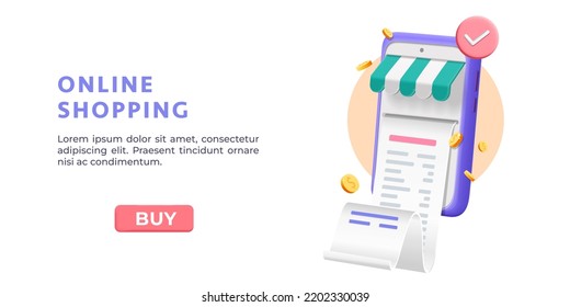 3d vector  realistic render shopping online payment on mobile app web banner. Paying with phone  mockup illustration design concept. Business finance and security  system.