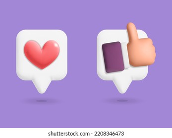 3d vector realista hace que las redes sociales parezcan burbujas de chat y el diseño de símbolos de pulgares arriba. Marketing digital, promoción, publicidad, concepto de comentarios de clientes.