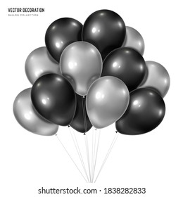 3d vector realistic silver with black bunch of helium balloons isolated on white background. Decoration element design for birthday, wedding, parties, celebrate festive. 
Vector illustration template