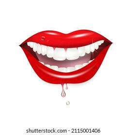 3D vector, realistic smile with flowing moisture. A shining mouth with white teeth and lips, a model of a cheerful mood. Vector beautiful smile on a white background