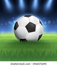 3d Vector Realistic Soccer Ball on grass of Stadium with light from back