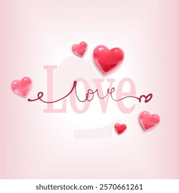 3d Vector realistic square banner. Love, happy Valentines background with red hearts.