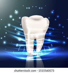 3d vector realistic tooth icon for dentist. Abstract background. Tooth glowing in the dark,  tech vector illustration.