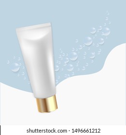 3d vector realistic tube of cream with Golden lid and splashes of water. Cosmetic  plastic packaging for design. Template for advertising and presentation on blue background. EPS 10. 