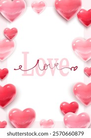 3d Vector realistic vertical banner. Happy Valentines background with love heart shapes frame. 