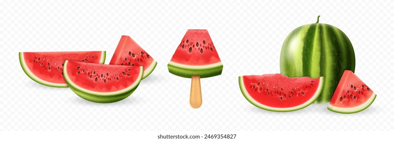 3D vector realistic watermelon set isolated on transparent background. Whole and slice ripe red watermelon with seeds.