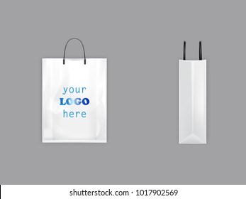 3d Vector Realistic White Shopping Bag With Black Handles, Plastic Packet With Blank Space For Advertising, Front And Side View, Illustration Isolated On Background. Ready Mockup For Your Brand Design