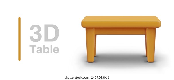 3D vector rectangular table, side view. Color illustration for store. Advertising template on white background. Furniture for home. Empty tabletop, mockup