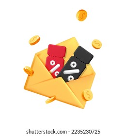 3d vector red and black discount sale coupon ticket voucher inside yellow envelope with percentage symbol. Cartoon render flying gold dollar coins money design banner. Promotion offer bonus concept.