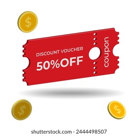 3D vector red color coupon, voucher, gift, promotion set. Trendy ticket 3d illustration. Ticket on the cinema or shop sale.