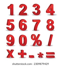 3D Vector Red Color Numeral Alphabet , 1,2,3,4,5,6,7,8,9,0 and symbles