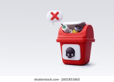 3d Vector Red dangerus bin with syringe and battery, Wnvironmental and health risks concept. Eps 10 Vector.