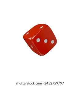 3d vector red dice in a roll, with the image of numbers on the faces of 3.2 and 1 for table and gambling games. Icon highlighted on a white background.