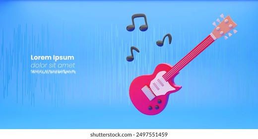 3d vector red electric guitar surrounded by notes on a blue background, banner.