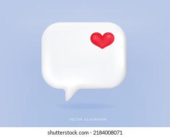 3D vector red heart symbol social media notification icon isolated on white bubble speech. Message icons vector illustration in 3D style.