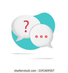 3d vector red question sing and dots answer on white speech bubbles symbol design. Round push notification. FAQ, information, knowledge, support, web, online customer help concept. 
