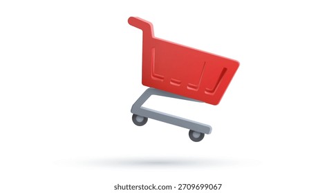 Icono de la carretilla del Carrito de compras rojo del Vector 3D aislado en el símbolo blanco del fondo para el Completar compra de la tienda en línea del comercio electrónico y añada al Carrito