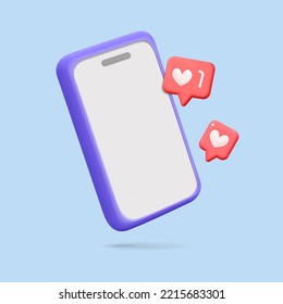 3d vector red social media like button  on flying purple smartphone screen poster design. Empty white device screen. Online shopping, payment, chatting, talking, communication concept.