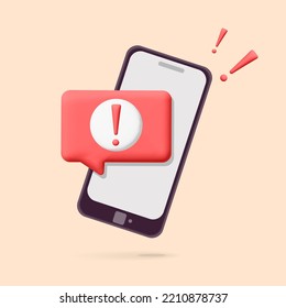 3d vector  red square alert danger message or attention, spam, insecure, virus sign on smartphone poster design. Cartoon render important error push notice reminder on phone screen with exclamation