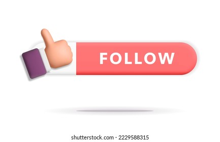 botón de seguimiento de suscripción roja vectorial 3d con botón de gesto hacia arriba del pulgar mano. Caricatura que hace que los medios sociales, el canal, el blog, el elemento promocional del marketing queden aislados en el fondo blanco.