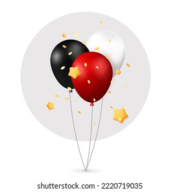 3d vector red, white and black bunch of air balloons for Black Friday and birthday, celebration festive decorative element design. Realistic render ballon for discount sale, Holiday greetings, luxury