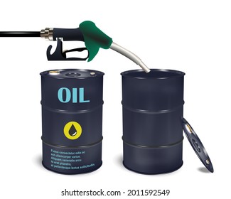 3d vector refueling black barrels with a fuel nozzle with oil, gasoline, diesel. Set of barrels 200 liters