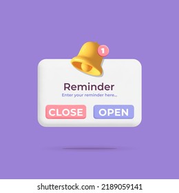 3d Vector Reminder Or Warning Push Notification Window With Bell Symbol Mockup Design Illustration. Empty Popup Reminder, Web Design, Webpage Development, Online Advertising, Calendar, Event, Email.