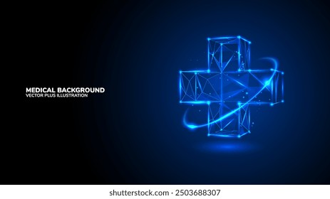 Representación de Vector 3D de un signo más azul. Fondo con objeto cruzado médico. Elemento de diseño de símbolo de ambulancia y salud.