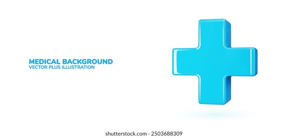 3D vector render of a blue plus sign. Background with medical cross object. Ambulance and health symbol design element.