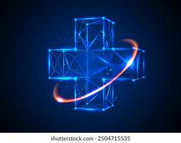 3D-Vektorgrafik eines blauen Pluszeichens. Hintergrund mit medizinischem Kreuzobjekt. Design-Element für Krankenwagen und Gesundheitssymbole.