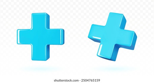 3D vector render of a blue plus sign. Background with medical cross object. Ambulance and health symbol design element.